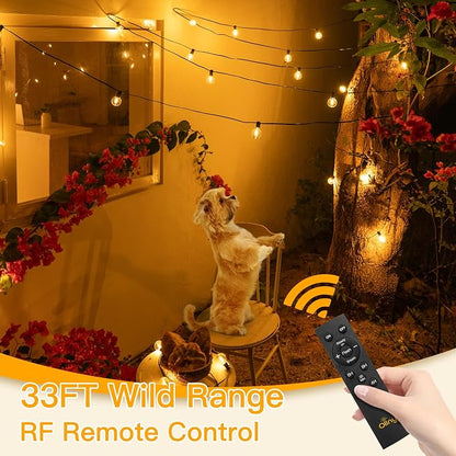 Ollny 110FT Solar String Lights for Outside, Waterproof Remote Control Dimmable Timers 3Modes Outdoor Light with 50 LED + 2 Spare Shatterproof Bulb, G40 Hanging Lights for Patio Pool House Garage