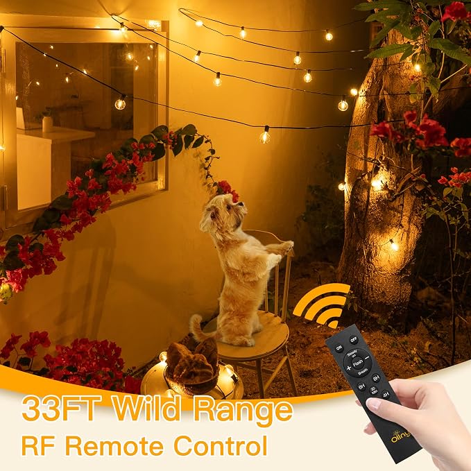 Ollny 35FT Solar Patio Lights, Waterproof Remote Control Dimmable Timers 3Modes Outdoor Light with 15 LED + 1 Spare Shatterproof Bulb, G40 String Lights for Outside Camping Backyard Tree Bistro