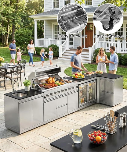 BBQ Outdoor Kitchen Island Grill Barbecue Modular Patio Kitchens Kits with Electric Rotisserie, Sink, fridge, and Burner for More than 15 People