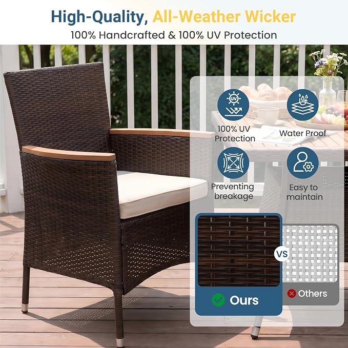 Wisteria Lane Patio Outdoor Table and Chairs Set, Rattan Outdoor Patio Furniture Set with Removable Cushions, Outdoor Patio Dining Sets with Acacia Wood Tabletop for Deck Garden Backyard, Brown