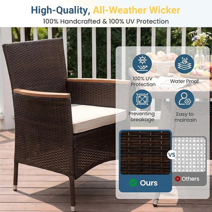 Wisteria Lane Patio Outdoor Table and Chairs Set, Rattan Outdoor Patio Furniture Set with Removable Cushions, Outdoor Patio Dining Sets with Acacia Wood Tabletop for Deck Garden Backyard, Brown