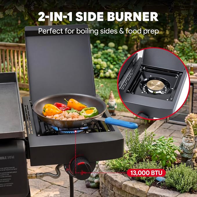 Feasto 36" 4-Burner Propane Griddle w/Side Burner, 63,000 BTU, 720 Sq.In. | Outdoor Flat Top Grill w/Grease Cup & Foldable Side Table, for Patio Backyard BBQ, Black