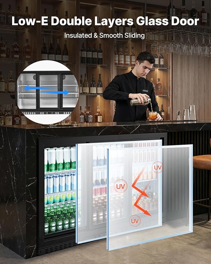 VEVOR Back Bar Cooler, 11.4 Cu.Ft Commercial Beverage Refrigerator, 3 Sliding Glass Doors, Fan Cooling Under Counter Beer Fridge w/LED Lighting, Shelves, Low-E Glass Display for Drinks, Bar, Store
