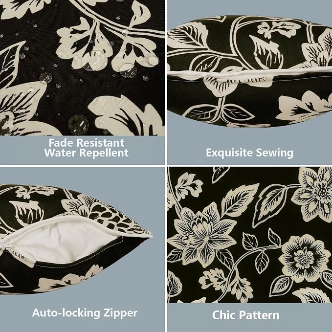 LVTXIII 2 Pack Outdoor Lumbar Pillow Covers 12x20 Inch with Piping, Water-Repellent Back Cushion Covers ONLY for Patio Furniture, Sofa, Garden Bench, Elegant Vines Black