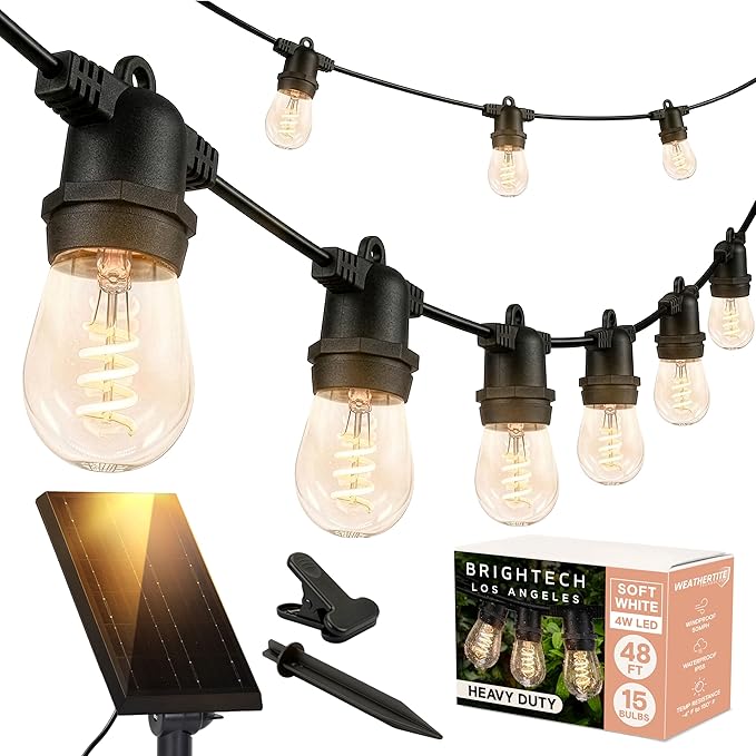 Brightech Ambience Pro Super Bright 48 Ft, 15 Bulbs Solar Power Remote Control Outdoor String Lights, Edison Spiral Shatterproof Bulbs, Commercial Grade LED, Waterproof Patio Lights, 4W Soft White