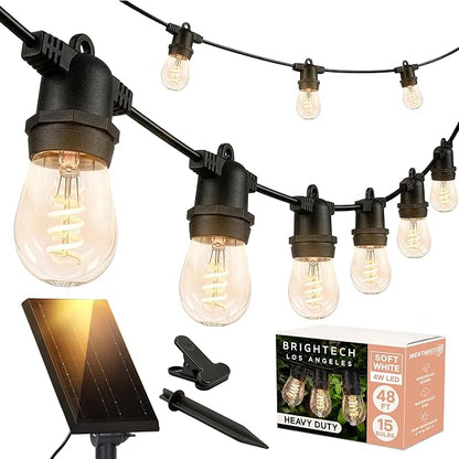 Brightech Ambience Pro Super Bright 48 Ft, 15 Bulbs Solar Power Remote Control Outdoor String Lights, Edison Spiral Shatterproof Bulbs, Commercial Grade LED, Waterproof Patio Lights, 4W Soft White