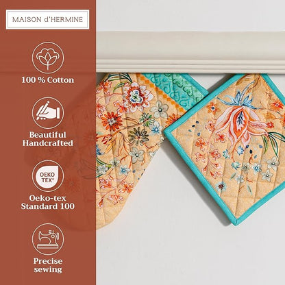Maison d' Hermine 100% Cotton Oven Mitt & Pot Holder Set (7.5"x13" & 8"x8") Heat Resistant BBQ Cooking Gloves with Loop Baking Grilling Kitchen Hotel Home Farmhouse Spring Summer (Luxury Loft - Peach)