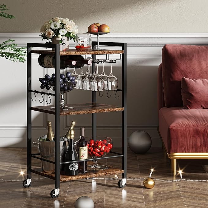 TUTOTAK Bar Cart with Wheels, Mini Drink Cart with Wine Rack & Glass Holder | 3-Tier 17 Inch Wide Home Bar Serving Carts, Small Mobile Kitchen Shelf with 6 Hooks, Rustic Brown BC01BB035
