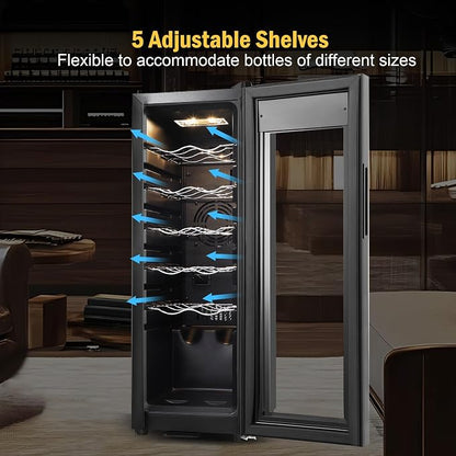 FoMup Wine Fridge 12 Bottles, Small Wine Cooler Refrigerator Freestanding with Digital Temperature Control Safety Lock, Frost Free for Red White Wine, Champagne