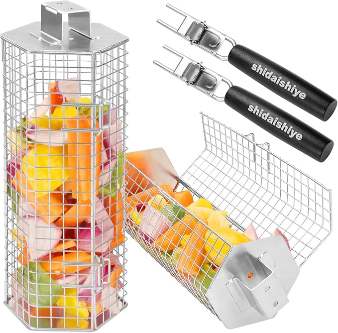 2 Pack Rolling Grill Basket, Hexagonal BBQ Grill Baskets with Removable Wooden Handle, 304 Stainless Steel, Nesting Grilling Net, BBQ Accessories Tools for Vegetables, Meat & Seafood, Gift for Dad or Husband