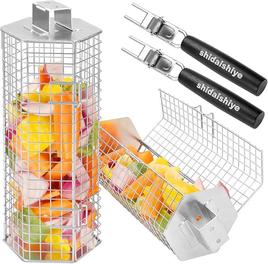 2 Pack Rolling Grill Basket, Hexagonal BBQ Grill Baskets with Removable Wooden Handle, 304 Stainless Steel, Nesting Grilling Net, BBQ Accessories Tools for Vegetables, Meat & Seafood, Gift for Dad or Husband