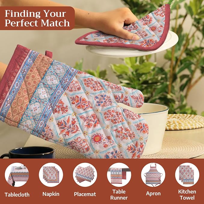 Maison d' Hermine Pot Holders 100% Cotton Potholders (8" x 8", Pack of 2) | Heat Resistant Hot Pads with Loop BBQ Cooking Baking Hotel Kitchen Handling Hot Pans Thanksgiving Christmas - Romane