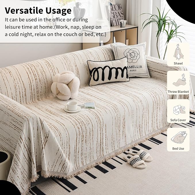 WEYOND Chenille Couch Cover Tassels, Sofa Cover Washable, 71" x 118", Khaki | Pet Friendly Sofa Slipcover for Sectional Sofa, Loveseat, 2 or 3 Cushion Couch, Corner Sofa, Futon Cover