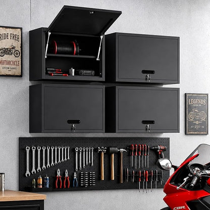 Garage Wall Cabinet with Flip-Up Door and Shelf, Lockable Metal Storage Cabinet Wall Mounted, Hanging Tool Cabinet for Garage Basement Utility Room, Black
