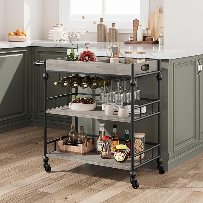 Garvee Bar Cart with Wheels, 3-Tier Rolling Serving Cart with Removable Tray, Mobile Kitchen Beverage Cart with Wine Rack & Glass Holder, Retro Roman Column Design, 35.4 x 15.7 x 34.1 Inches, Grey