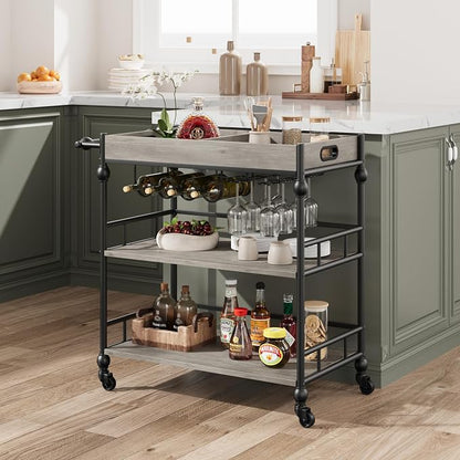 Garvee Bar Cart with Wheels, 3-Tier Rolling Serving Cart with Removable Tray, Mobile Kitchen Beverage Cart with Wine Rack & Glass Holder, Retro Roman Column Design, 35.4 x 15.7 x 34.1 Inches, Grey