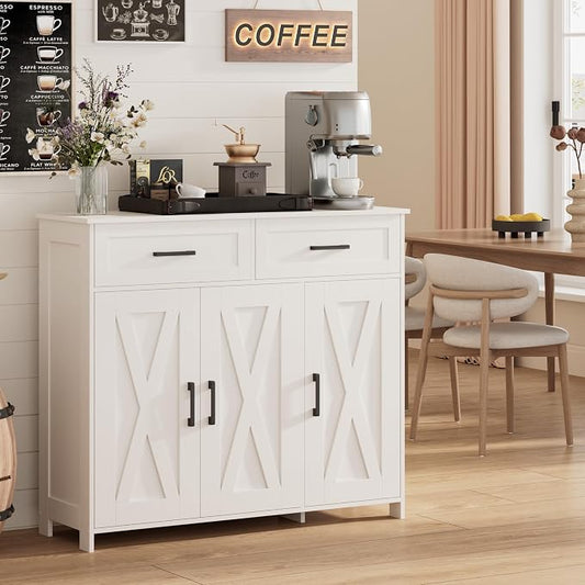 Homhedy Coffee Bar Storage Cabinet with Drawers, Kitchen Buffet Cabinet | Sideboard Cabinet with Doors, Farmhouse Buffet Cabinet, Adjustable Shelves, for Kitchen / Dining / Living Room, White