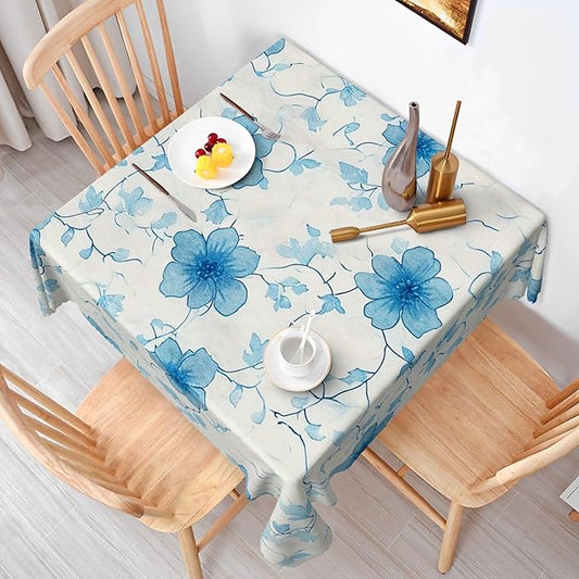 Blue Flower Square Tablecloth Perfect for Spring Home Decor 60x60 Inch Blooming Floral Washable Table Cover Watercolor Rustic Square Table Cloth Dust-Proof for Farmhouse Decor Buffet Picnic