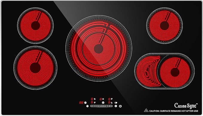 36 Inch Electric Cooktop 5 Burner Radiant Stove Top 9200W | 220-240V hardwired radiant cooktop with expandable zones independent timers overflow protection and flat-bottom cookware use