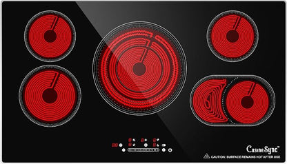36 Inch Electric Cooktop 5 Burner Radiant Stove Top 9200W | 220-240V hardwired radiant cooktop with expandable zones independent timers overflow protection and flat-bottom cookware use