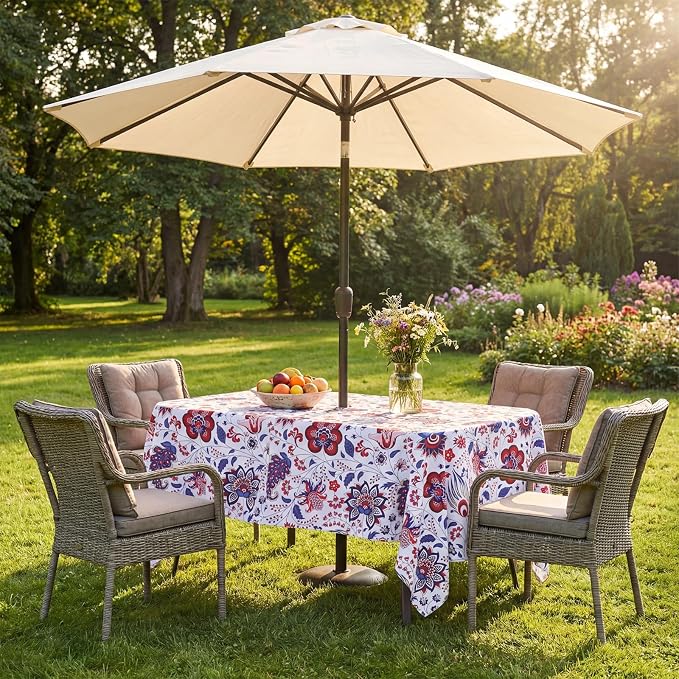 SquarePie Rectangle Outdoor Tablecloth with Umbrella Hole and Zipper 60x84 Inch, SpillProof Wipeable Patio Table Cloth for Spring Summer Garden Backyard Camping Picnic, Botanical Gorgeous Flowers