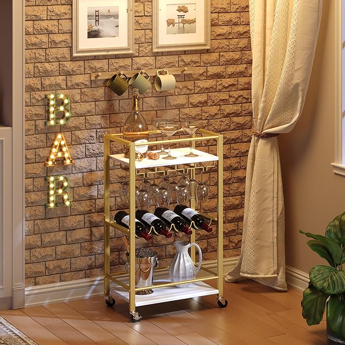 MAHANCRIS Bar Cart for Home, Mini Rolling Wine Cart, 3 Tier Serving Cart, Kitchen Storage Cart with Wine Rack and Glass Holders, for Kitchen, Dining Room, Living Room, Gold and White RCJW9301