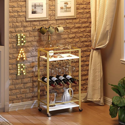 MAHANCRIS Bar Cart for Home, Mini Rolling Wine Cart, 3 Tier Serving Cart, Kitchen Storage Cart with Wine Rack and Glass Holders, for Kitchen, Dining Room, Living Room, Gold and White RCJW9301