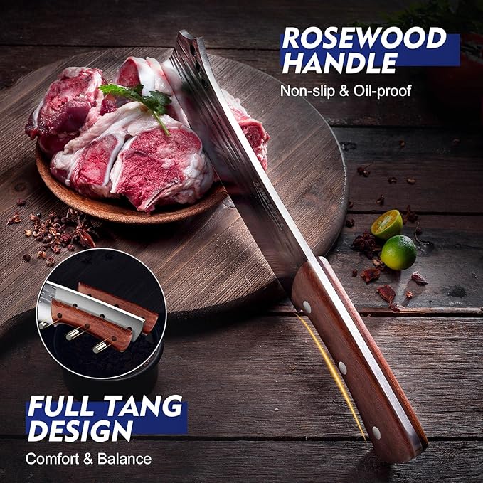 Topfeel 2PCS Meat Cleaver & Heavy Duty Bone Chopper Knife Set, Hand Forged German High Carbon Stainless Steel Butcher Knife for Home Kitchen & Outdoor