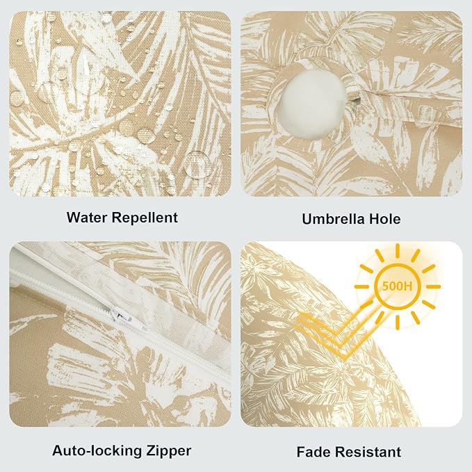 LVTXIII Round Outdoor Tablecloth with Umbrella Hole and Zipper, Water-Repellent 60 Inch Patio Table Cover for Bistro, Garden, Patio & Picnic, Tropical Leaf Oat