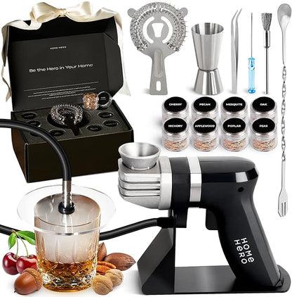 Home Hero Whiskey Smoker Kit - Cocktail Smoker for Old Fashioned & Bourbon Whiskey - Indoor Cold Smoke Generator with 8 Wood Chip Flavors - 8-Piece Set, Black