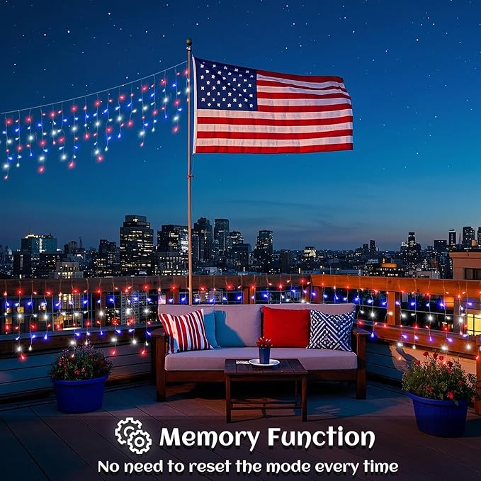Red White and Blue Icicle Lights for Outside, 4th of July Decorations Independence Day Patriotic Lights, 66ft 640 LED with 120 Drops Clear Wire Connectable for Memorial Day Party Holiday