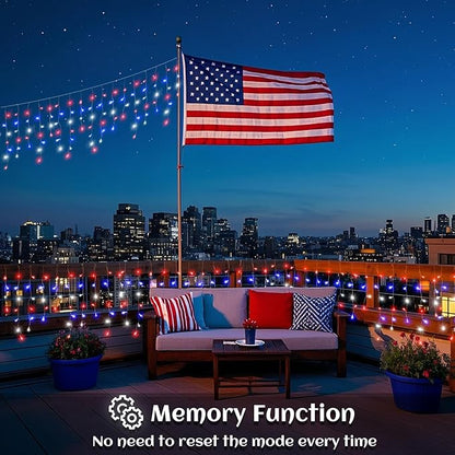 Red White and Blue Icicle Lights for Outside, 4th of July Decorations Independence Day Patriotic Lights, 66ft 640 LED with 120 Drops Clear Wire Connectable for Memorial Day Party Holiday