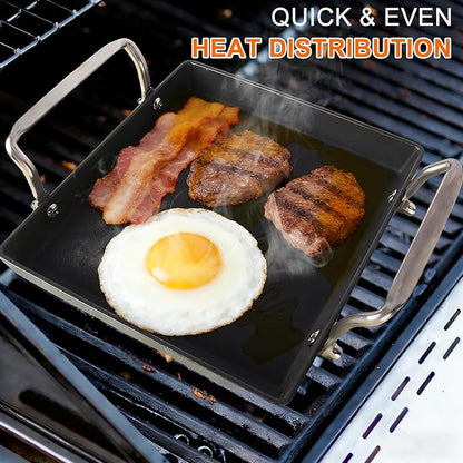 8.6 Inch Cast Iron Griddle Pan, Medium Pre-seasoned Naturally Smooth Stove Top Flat Plate with Stainless Steel Handle for Gas Grill, Camping, BBQ, Smooth Surface One Burner Cookware