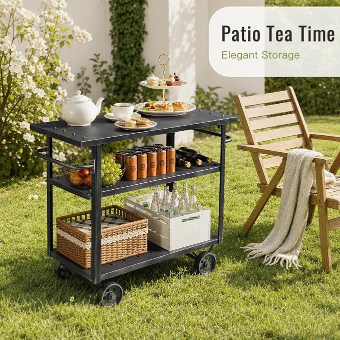 Rolling Bar Cart with Handle [3 Tier] Home Kitchen Microwave Cart Island On Wheels, Mobile Serving Cart Beverage Cart, Coffee Station (Metal/Wood, Industrial Black)