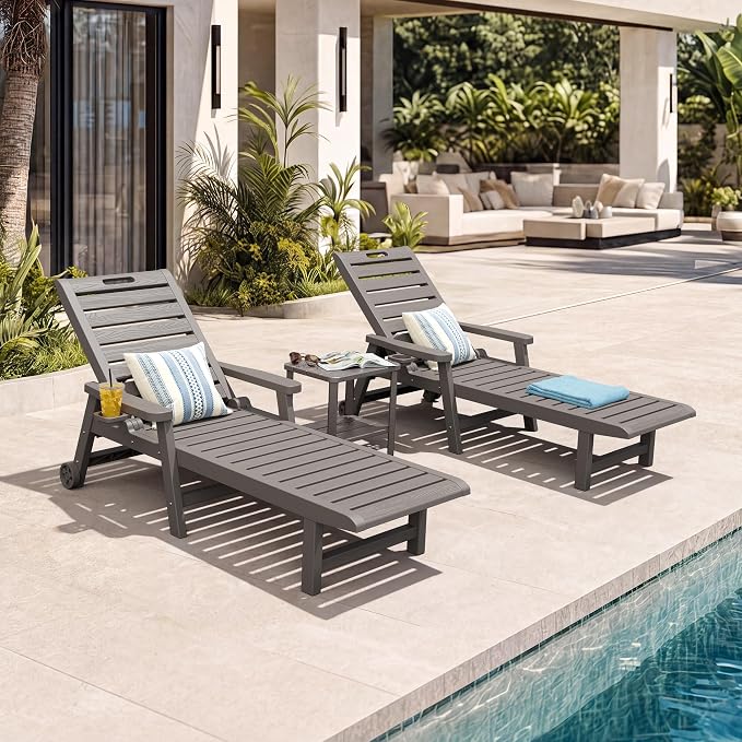 Outdoor Chaise Lounge Chair Set of 2, HDPE All-Weather Pool Lounge Chair with 5 Positions, Wheels & Cup Hoplder for Pool, Beach, Garden (Grey)