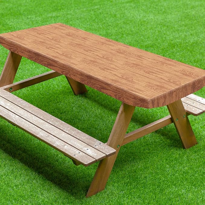 UMINEUX Fitted Rectangle Tablecloth, 30x72 Inch, 1-Pieces, Wood | Fitted for 6 ft Rectangle Tables, Plastic Vinyl Flannel Backed, Elastic Edged, Waterproof & Wipeable, Indoor Patio Use