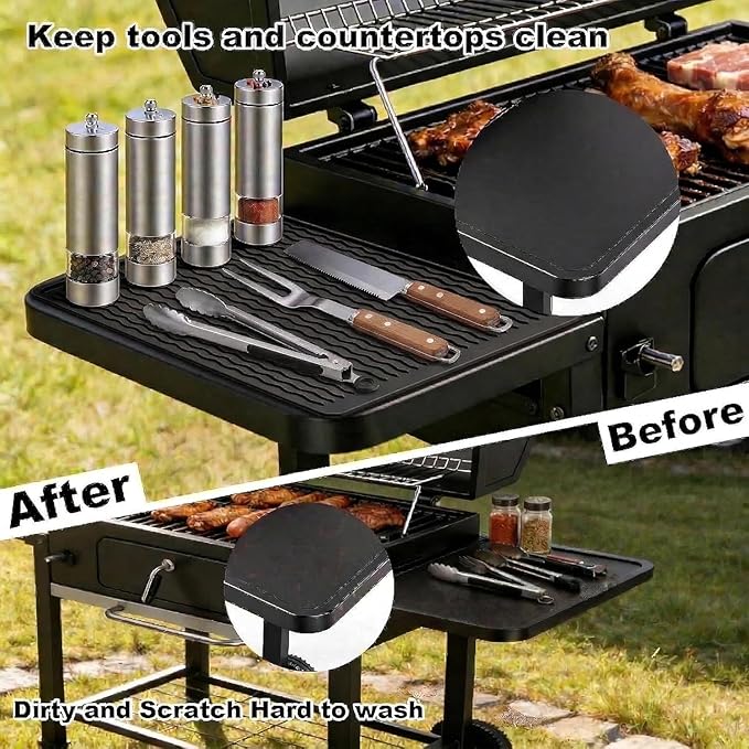 2 Pack Silicone Grill Tools Mat for Blackstone Weber Traeger Pit Boss Flat Top Grill Smoker,BBQ Accessories Pad Mats for Outdoor Kitchen Counter Cooking, Side Shelf Spatula Mat,Gifts for Men (Black)