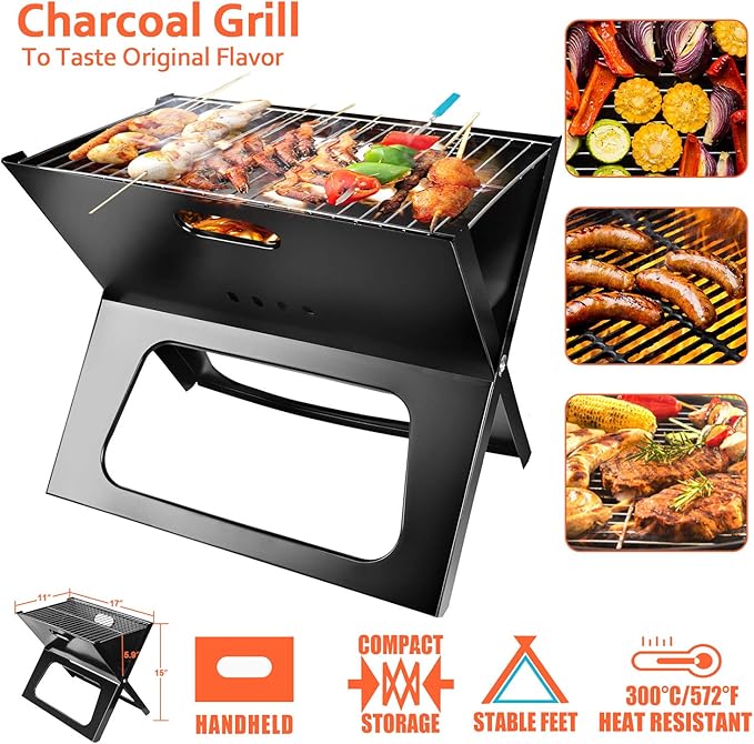 TeqHome Portable Charcoal Grill, Folding BBQ Grill Lightweight Smoker Grill, Small Barbecue Grill Tabletop Outdoor Grills for Camping Picnic Backyard Patio Travel Bonfire Tailgating,17.1''x11''x14.8''