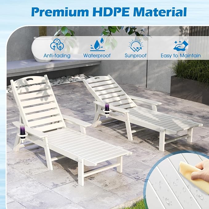 Giantex Lounge Chair Outdoor, Oversized Chaise Lounge Chair with 4-Position Backrest, Rotatory Cup Holder, Weatherproof HDPE Patio Lounge Chair for Outside Garden Deck Poolside Backyard, White (1)