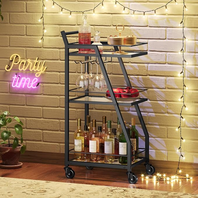Bar Cart, 3-Tier Home Bar Serving Cart with Wheels, Drink Cart with Glass Holder, Beverage Cart, Rolling Kitchen Cart, for Home, Living Room, Transparent and Black BC03BK