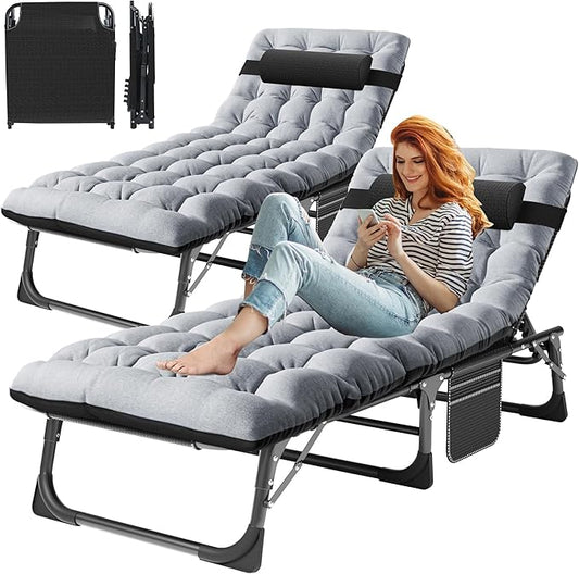 ABORON 3-in-1 Folding Patio Lounge Chair, 440LB Heavy-Duty Tri-Fold Guest Bed with Plush Cotton Cushion, No Assembly Adjustable Recliner for Office Nap, Patio Sunbathing, Poolside & Camping