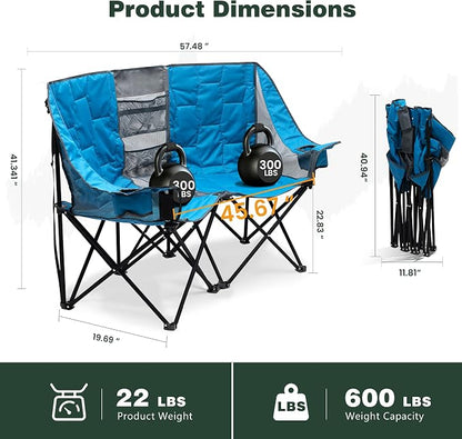 SUNNYFEEL Folding Double Camping Chair Oversized Loveseat for Adults | 600LBS Heavy Duty Padded Camping Couch with Cup Holder, Storage Pockets & Carry Bag for Patio RV/ Lawn/ Backyard