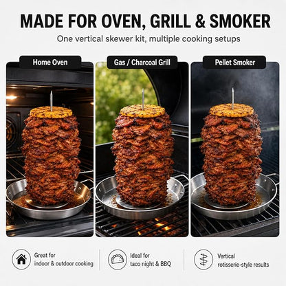 Al Pastor Skewer for Grill, 13 Inch Stainless Steel Vertical Skewer Pan with 5 Spikes, Grease Separator Tray, Tongs, Gloves & Basting Brushes, Shawarma Gyro Kebab Stand for Oven Smoker BBQ