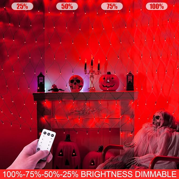 JMEXSUSS 360 LED Halloween Net Lights, Red, 12ft x 5ft | Outdoor Waterproof, Connectable, Plug in, Mesh Lights with Remote for Bushes Shrubs Christmas Halloween Decorations