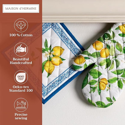 Maison d' Hermine 100% Cotton Oven Mitt & Pot Holder Set (7.5"x13" & 8"x8") Heat Resistant BBQ Cooking Gloves with Loop Baking Grilling Kitchen Hotel Home Farmhouse Spring Summer (Cedrat)