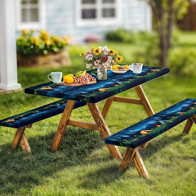 Camping Picnic Table Cover with Bench Covers, Camping Essentials, Forest Campfire Tent Flowers Outdoor Table Covers, Waterproof Windproof, Fitted Tablecloth Cover with Elastic Edge, 3 PCS, 30x96 Inch
