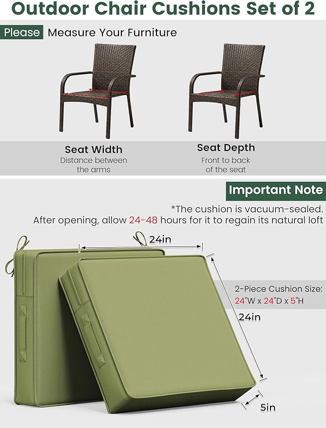 Outdoor Chair Cushion 24 x 24 x 5 Inches Patio Furniture Outdoor Waterproof Seat Cushion, Patio Chair Cushion with Handles and Ties, Square Dining Chair Cushion Set of 6, Light Green