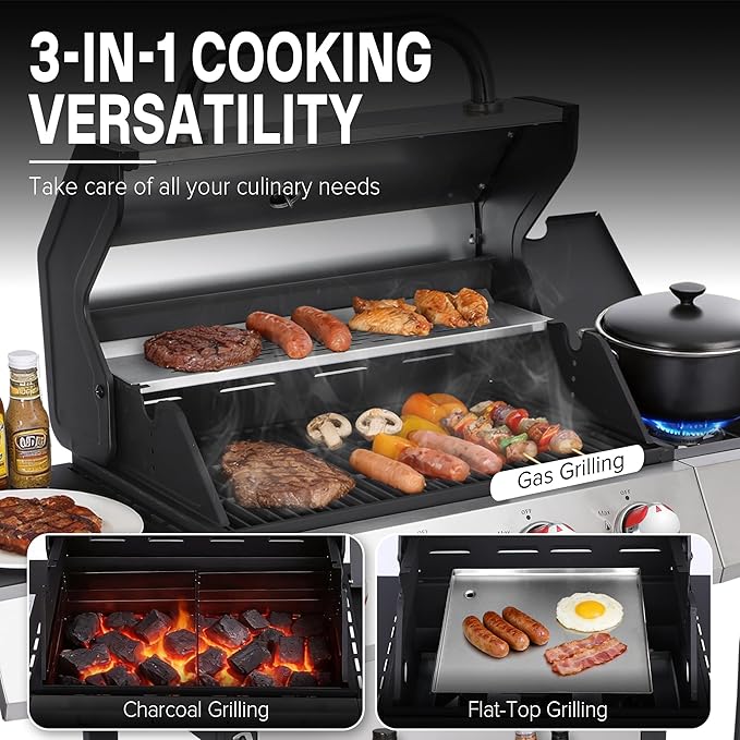 Gas and Charcoal Grill Combo with Side Burner, 4-Burner Propane Grill and Griddle Combo with Porcelain-Enameled Cast Iron Grates & Double-Wall Insulated Lid, 49,000 BTU Outdoor BBQ Grill