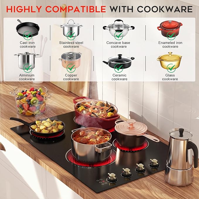 Electric Cooktop 30 Inch Hobsir, 4 Burner Electric Stove Top 6700W, Dual-Ring Burner & Oval Burner, 9 Power Level, 30 Inch Cook top with Safety Lock, Timer, Golden Knob
