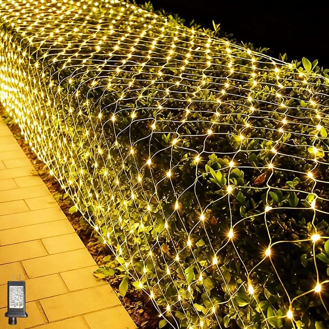 LitHome 21FT x 5FT Christmas Net Lights Outdoor Mesh Lights Connectable | 8 Modes 360 LED Waterproof Warm White Christmas Mesh Light for Bushes, Garden, Backyard, Xmas, Holiday Decor, Clear Wire